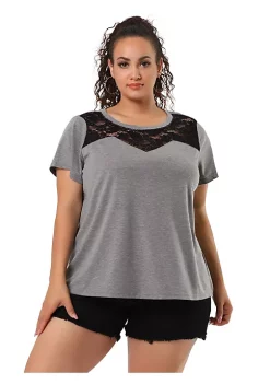 Agnes Orinda Women's Plus Size Top Short Sleeve Hollow Mesh Casual Lace Tops Valentines Day -Agnes Orinda Store Belk 436