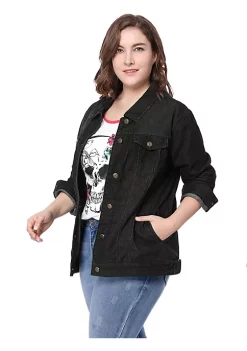 Agnes Orinda Women's Plus Size Stitching Button Front Washed Denim Jacket -Agnes Orinda Store Belk 445