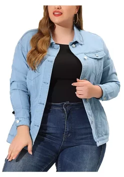 Agnes Orinda Women's Plus Size Stitching Button Front Washed Denim Jacket -Agnes Orinda Store Belk 447