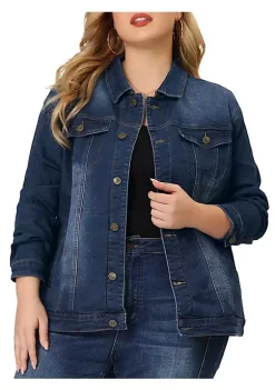 Agnes Orinda Women's Plus Size Stitching Button Front Washed Denim Jacket -Agnes Orinda Store Belk 448