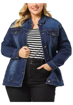 Agnes Orinda Women's Plus Size Stitching Button Front Washed Denim Jacket -Agnes Orinda Store Belk 451