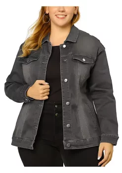 Agnes Orinda Women's Plus Size Stitching Button Front Washed Denim Jacket -Agnes Orinda Store Belk 453