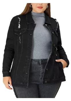 Agnes Orinda Women's Plus Size Stitching Button Front Washed Denim Jacket -Agnes Orinda Store Belk 456