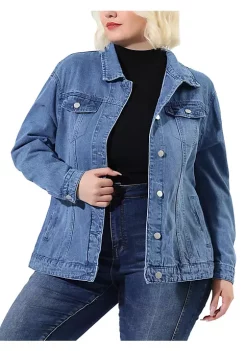 Agnes Orinda Women's Plus Size Stitching Button Front Washed Denim Jacket -Agnes Orinda Store Belk 457