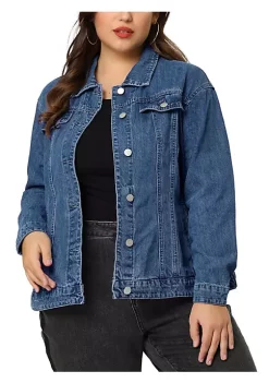 Agnes Orinda Women's Plus Size Stitching Button Front Washed Denim Jacket -Agnes Orinda Store Belk 462