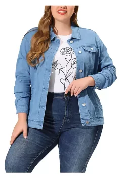 Agnes Orinda Women's Plus Size Stitching Button Front Washed Denim Jacket -Agnes Orinda Store Belk 463