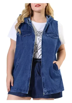 Agnes Orinda Plus Size Denim Vest for Women Sleeveless Hoodie Casual Jackets Vests