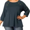 Agnes Orinda Women's Plus Size Puff Sleeve Solid Top, Round Neck Button Decor Casual Tunic Tops -Agnes Orinda Store Belk 481