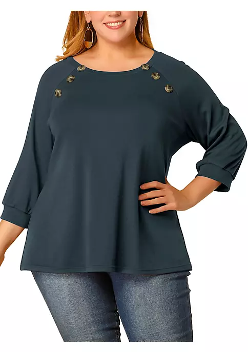 Agnes Orinda Women's Plus Size Puff Sleeve Solid Top, Round Neck Button Decor Casual Tunic Tops 3 Agnes Orinda Women's Plus Size Puff Sleeve Solid Top, Round Neck Button Decor Casual Tunic Tops