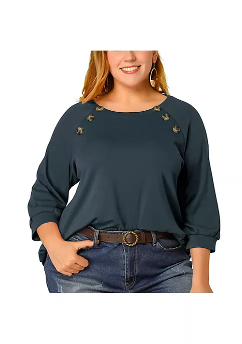 Agnes Orinda Women's Plus Size Puff Sleeve Solid Top, Round Neck Button Decor Casual Tunic Tops 4 Agnes Orinda Women's Plus Size Puff Sleeve Solid Top, Round Neck Button Decor Casual Tunic Tops - Image 2