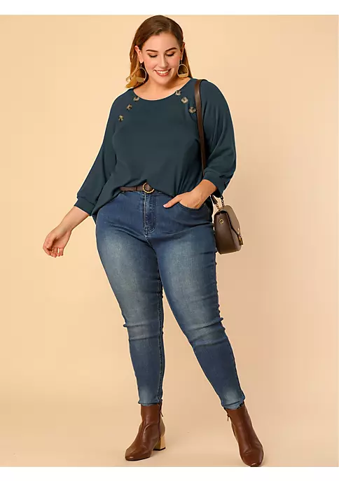 Agnes Orinda Women's Plus Size Puff Sleeve Solid Top, Round Neck Button Decor Casual Tunic Tops 5 Agnes Orinda Women's Plus Size Puff Sleeve Solid Top, Round Neck Button Decor Casual Tunic Tops - Image 3
