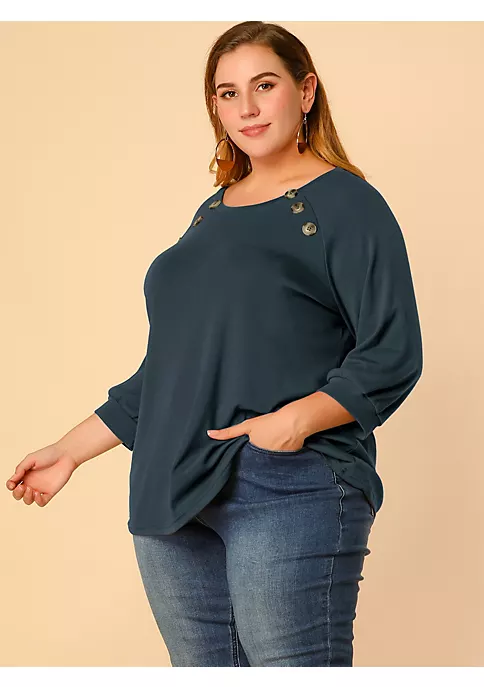 Agnes Orinda Women's Plus Size Puff Sleeve Solid Top, Round Neck Button Decor Casual Tunic Tops 6 Agnes Orinda Women's Plus Size Puff Sleeve Solid Top, Round Neck Button Decor Casual Tunic Tops - Image 4