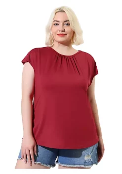 Agnes Orinda Women's Plus Size Short Sleeves Blouses, Ruched Round Neck Casual Top