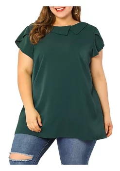 Agnes Orinda Plus Size Top for Women, Chiffon Overlapping Short Sleeves Blouses