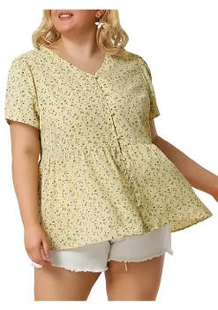 Agnes Orinda Women's Plus Size Spring Casual Elegant Floral V Neck Peplum Blouse