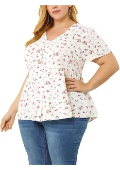 Agnes Orinda Women's Plus Size Spring Casual Elegant Floral V Neck Peplum Blouse -Agnes Orinda Store Belk 574