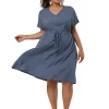 Agnes Orinda Women's Plus Size Drawstring Tie Waist Chambray Denim Spring Midi Shirtdress -Agnes Orinda Store Belk 592
