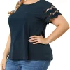 Agnes Orinda Women's Plus Size Spring Elegant Work Lace Panel Short Sleeve Top