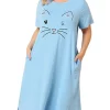 Agnes Orinda Women's Plus Size Nightgown Pajamas Pockets Soft Comfy Cute Cat Sleepwear Nightgowns, Leisure Rayon Sleep Dress Round Neck Slit Pocket Midi Nightdress with Cat Print -Agnes Orinda Store Belk 630