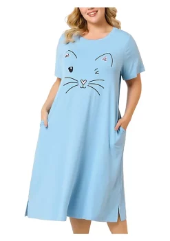 Agnes Orinda Women's Plus Size Nightgown Pajamas Pockets Soft Comfy Cute Cat Sleepwear Nightgowns, Leisure Rayon Sleep Dress Round Neck Slit Pocket Midi Nightdress with Cat Print