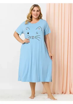 Agnes Orinda Women's Plus Size Nightgown Pajamas Pockets Soft Comfy Cute Cat Sleepwear Nightgowns, Leisure Rayon Sleep Dress Round Neck Slit Pocket Midi Nightdress with Cat Print -Agnes Orinda Store Belk 632