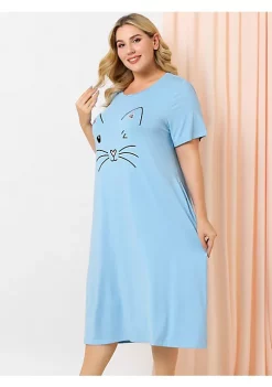 Agnes Orinda Women's Plus Size Nightgown Pajamas Pockets Soft Comfy Cute Cat Sleepwear Nightgowns, Leisure Rayon Sleep Dress Round Neck Slit Pocket Midi Nightdress with Cat Print -Agnes Orinda Store Belk 633