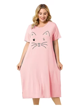 Agnes Orinda Women's Plus Size Nightgown Pajamas Pockets Soft Comfy Cute Cat Sleepwear Nightgowns, Leisure Rayon Sleep Dress Round Neck Slit Pocket Midi Nightdress with Cat Print -Agnes Orinda Store Belk 635