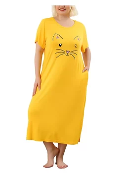 Agnes Orinda Women's Plus Size Nightgown Pajamas Pockets Soft Comfy Cute Cat Sleepwear Nightgowns, Leisure Rayon Sleep Dress Round Neck Slit Pocket Midi Nightdress with Cat Print -Agnes Orinda Store Belk 636