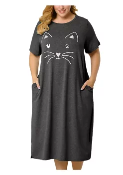 Agnes Orinda Women's Plus Size Nightgown Pajamas Pockets Soft Comfy Cute Cat Sleepwear Nightgowns, Leisure Rayon Sleep Dress Round Neck Slit Pocket Midi Nightdress with Cat Print -Agnes Orinda Store Belk 637
