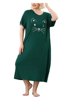 Agnes Orinda Women's Plus Size Nightgown Pajamas Pockets Soft Comfy Cute Cat Sleepwear Nightgowns, Leisure Rayon Sleep Dress Round Neck Slit Pocket Midi Nightdress with Cat Print -Agnes Orinda Store Belk 638