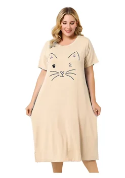 Agnes Orinda Women's Plus Size Nightgown Pajamas Pockets Soft Comfy Cute Cat Sleepwear Nightgowns, Leisure Rayon Sleep Dress Round Neck Slit Pocket Midi Nightdress with Cat Print -Agnes Orinda Store Belk 639