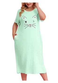 Agnes Orinda Women's Plus Size Nightgown Pajamas Pockets Soft Comfy Cute Cat Sleepwear Nightgowns, Leisure Rayon Sleep Dress Round Neck Slit Pocket Midi Nightdress with Cat Print -Agnes Orinda Store Belk 641