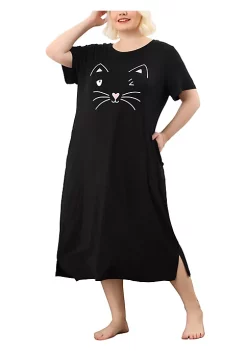 Agnes Orinda Women's Plus Size Nightgown Pajamas Pockets Soft Comfy Cute Cat Sleepwear Nightgowns, Leisure Rayon Sleep Dress Round Neck Slit Pocket Midi Nightdress with Cat Print -Agnes Orinda Store Belk 643