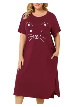 Agnes Orinda Women's Plus Size Nightgown Pajamas Pockets Soft Comfy Cute Cat Sleepwear Nightgowns, Leisure Rayon Sleep Dress Round Neck Slit Pocket Midi Nightdress with Cat Print -Agnes Orinda Store Belk 644
