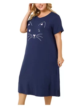 Agnes Orinda Women's Plus Size Nightgown Pajamas Pockets Soft Comfy Cute Cat Sleepwear Nightgowns, Leisure Rayon Sleep Dress Round Neck Slit Pocket Midi Nightdress with Cat Print -Agnes Orinda Store Belk 645