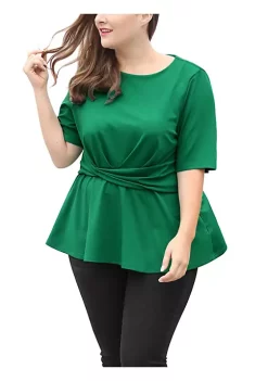 Agnes Orinda Women's Plus Size Short Sleeves Twisted Knot Front Peplum Tops -Agnes Orinda Store Belk 674