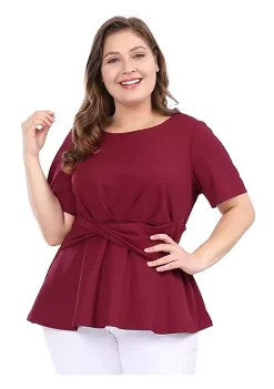 Agnes Orinda Women's Plus Size Short Sleeves Twisted Knot Front Peplum Tops -Agnes Orinda Store Belk 682