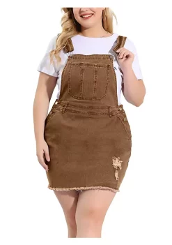 Agnes Orinda Women's Plus Size Raw Hem Denim Suspender Ripped Overall Dress Brown 5X