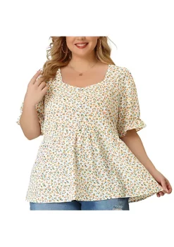 Agnes Orinda Women's Plus Size Babydoll Peplum Ruffle Sweetheart Neck Short Sleeve Top