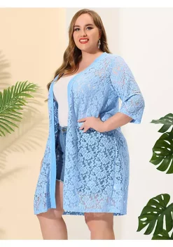 Agnes Orinda Plus Size Cardigans for Women Lace Crochet Open Front 3/4 Sleeve Long Cover Ups Jackets -Agnes Orinda Store Belk 711