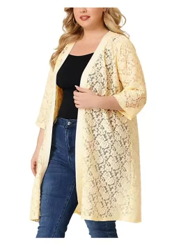 Agnes Orinda Plus Size Cardigans for Women Lace Crochet Open Front 3/4 Sleeve Long Cover Ups Jackets -Agnes Orinda Store Belk 716