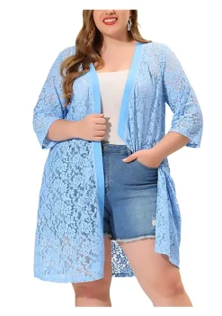 Agnes Orinda Plus Size Cardigans for Women Lace Crochet Open Front 3/4 Sleeve Long Cover Ups Jackets -Agnes Orinda Store Belk 719