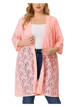 Agnes Orinda Plus Size Cardigans for Women Lace Crochet Open Front 3/4 Sleeve Long Cover Ups Jackets -Agnes Orinda Store Belk 721