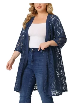 Agnes Orinda Plus Size Cardigans for Women Lace Crochet Open Front 3/4 Sleeve Long Cover Ups Jackets -Agnes Orinda Store Belk 722