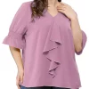 Agnes Orinda Women's Plus Size Ruffle Blouse V Neck Smocked Sleeves Tops Mothers Day Gifts