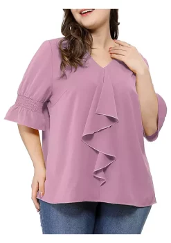 Agnes Orinda Women's Plus Size Ruffle Blouse V Neck Smocked Sleeves Tops Mothers Day Gifts