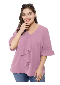 Agnes Orinda Women's Plus Size Ruffle Blouse V Neck Smocked Sleeves Tops Mothers Day Gifts -Agnes Orinda Store Belk 726
