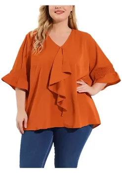 Agnes Orinda Women's Plus Size Ruffle Blouse V Neck Smocked Sleeves Tops Mothers Day Gifts -Agnes Orinda Store Belk 730
