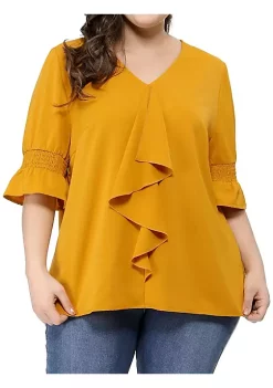 Agnes Orinda Women's Plus Size Ruffle Blouse V Neck Smocked Sleeves Tops Mothers Day Gifts -Agnes Orinda Store Belk 731