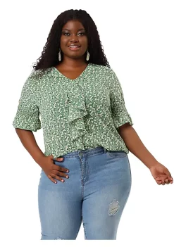 Agnes Orinda Women's Plus Size Ruffle Blouse V Neck Smocked Sleeves Tops Mothers Day Gifts -Agnes Orinda Store Belk 732